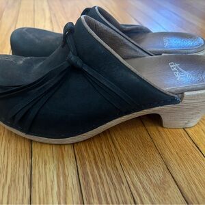 Dansko Black Leather Mules with Wooden Heel